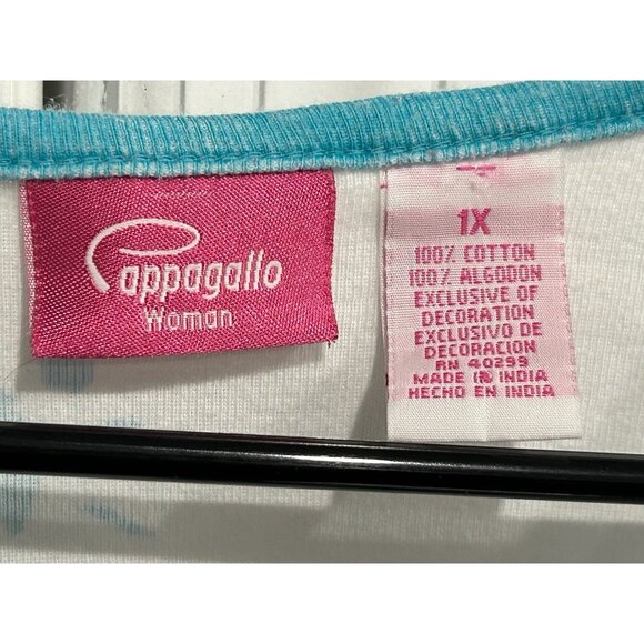 Pappagallo Floral V Neck Short Sleeve Top Cotton White Turquoise Sz 1X - Picture 5 of 9